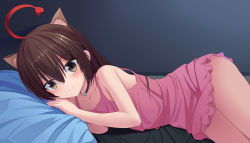 Rule 34 | 1girl, absurdres, ahoge, animal ears, bare shoulders, bed, blush, bottomless, brown eyes, brown hair, cat ears, choker, collarbone, dress, dyed ahoge, hair between eyes, hands up, highres, long hair, looking at viewer, lying, on bed, on side, pov across bed, ribbon, shinka musume, shinka musume channel, solo, virtual youtuber, xila qian tang shi