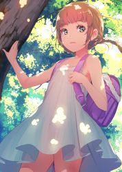 Rule 34 | 1girl, backpack, bag, bare arms, bare shoulders, blunt bangs, blush, braid, brown hair, collarbone, commentary request, commission, dappled sunlight, day, dress, flat chest, forest, highres, light rays, looking at viewer, nature, no panties, original, outdoors, panties, unworn panties, parted lips, randoseru, skeb commission, sleeveless, sody, solo, sunlight, tree, twin braids, underwear, white dress, white panties