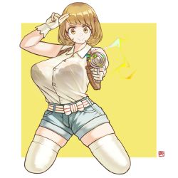 Rule 34 | 10s, 1girl, black bra, bra, breasts, brown eyes, brown hair, energy gun, gloves, huge breasts, kneeling, lace, lace bra, looking at viewer, narusawa ryouka, occultic;nine, ray gun, see-through, shirt tucked in, short hair, short shorts, shorts, smile, solo, thighhighs, underwear, weapon, white background, white gloves, yan wan, yellow background