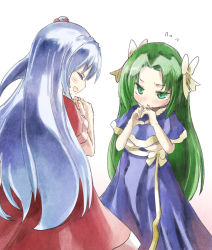 Rule 34 | 2girls, ^ ^, breasts, capelet, closed eyes, closed eyes, green eyes, green hair, hair bobbles, hair intakes, hair ornament, hair ribbon, heart, heart hands, long hair, medium breasts, mima (touhou), multiple girls, no headwear, no headwear, open mouth, ribbon, shinki (touhou), side ponytail, silver hair, skirt, smile, standing, touhou, touhou (pc-98), underboob, very long hair, yohane