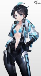 Rule 34 | 1girl, absurdres, bikini, bikini under clothes, black hair, black survival, blue eyes, breasts, cleavage, collarbone, cowlick, earrings, facial mark, highres, jewelry, lilil, narrow waist, navel, open clothes, plunging neckline, racing suit, short hair, silvia piquet, simple background, small breasts, solo, swimsuit, white background