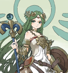 Rule 34 | 1girl, aqua eyes, armlet, bangle, belt, belt buckle, bracelet, brown belt, buckle, circlet, closed mouth, dress, gradient background, green hair, holding, holding staff, jewelry, kid icarus, long hair, neck ring, necklace, nintendo, nishikuromori, palutena, parted bangs, shield, solo, staff, straight hair, strapless, strapless dress, very long hair, white dress