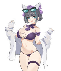 Rule 34 | 1girl, :d, absurdres, animal ears, aqua eyes, aqua hair, arm cuffs, azur lane, bikini, blunt bangs, blush, bow, breasts, cat ears, cheshire (azur lane), cheshire (summery date!) (azur lane), chinese commentary, choker, cleavage, cowboy shot, cross-laced bikini, cross-laced clothes, eyewear on head, fake animal ears, grey hair, highres, jacket, large breasts, looking at viewer, maid headdress, multicolored hair, navel, nico-weiyan, off shoulder, official alternate costume, open clothes, open jacket, open mouth, purple bikini, purple bow, purple choker, short hair, simple background, sketch, skindentation, smile, solo, standing, stomach, streaked hair, string bikini, sunglasses, swimsuit, thigh strap, thighs, two-tone hair, white background, white jacket