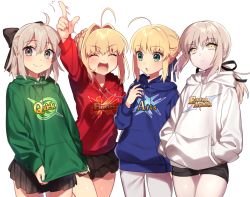 Rule 34 | 4girls, :d, :o, ^ ^, ahoge, alternate costume, artoria pendragon (all), artoria pendragon (fate), arts shirt, black skirt, blonde hair, blush, braid, buster shirt, closed eyes, closed mouth, cowboy shot, expressionless, extra attack shirt, closed eyes, fate/grand order, fate (series), french braid, grey eyes, grey hair, hair intakes, half updo, hood, hoodie, ichinose yukino, index finger raised, looking at another, looking at viewer, multiple girls, nero claudius (fate), nero claudius (fate) (all), nero claudius (fate/extra), okita souji (fate), okita souji (koha-ace), open mouth, pleated skirt, ponytail, quick shirt, saber (fate), saber alter, short hair, short hair with long locks, shorts, sidelocks, simple background, skirt, smile, white background, yellow eyes