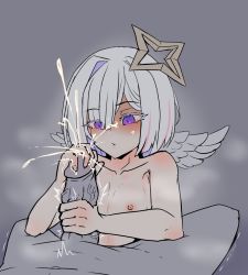 Rule 34 | 1boy, 1girl, amane kanata, angel, angel wings, blocking, cum, ejaculation, flat chest, halo, handjob, highres, hololive, jitome, moral cacoethes, nipples, nude, penis, penis squeeze, projectile cum, purple eyes, short hair, star halo, virtual youtuber, white hair, wings
