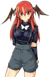 Rule 34 | 1girl, alternate costume, arms behind back, black sweater, black thighhighs, blue shorts, blush, bow, bowtie, breasts, cowboy shot, demon wings, hair between eyes, head tilt, head wings, koakuma, large breasts, long hair, looking at viewer, pointy ears, red eyes, red hair, ribbed sweater, ryuuno stadtfeld, shiny clothes, shirt, shorts, sidelocks, signature, simple background, smile, solo, standing, suspenders, sweater, taut clothes, thighhighs, thighs, touhou, turtleneck, white background, white bow, white bowtie, wings