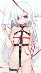 Rule 34 | 1girl, bare arms, bare shoulders, belt, blush, breasts, closed mouth, collarbone, cowboy shot, darnell, gluteal fold, highres, long hair, looking at viewer, mouth hold, original, red eyes, red ribbon, revealing clothes, ribbon, simple background, small breasts, solo, standing, thigh strap, very long hair, white background, white hair
