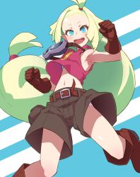 Rule 34 | 1girl, :d, armpits, baggy shorts, belt, blonde hair, blouse, blue background, blue eyes, brown belt, brown gloves, brown shorts, clenched hands, clothes lift, gloves, goggles, goggles around neck, highres, long hair, looking at viewer, low-tied long hair, memenpu, midriff, navel, open mouth, panties, panty peek, pink panties, qome, sakugan, shiny forehead, shiny skin, shirt, shorts, sleeveless, sleeveless shirt, smile, solo, striped, striped background, underwear, very long hair