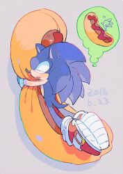 Rule 34 | 1boy, animal ears, animal nose, aoki (fumomo), blue fur, blue hair, blush, body fur, closed eyes, dated, doodle inset, dreaming, food-themed pillow, from above, full body, furry, furry male, gloves, heart, hot dog, hugging object, light blush, long hair, lying, male focus, multiple views, on stomach, open mouth, pillow, pillow hug, profile, red footwear, shoes, sleeping, socks, sonic (series), sonic the hedgehog, spiked hair, tail, thought bubble, white gloves, white socks