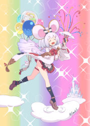 Rule 34 | 1girl, ^ ^, animal ears, balloon, bow, brooch, closed eyes, cloud, commentary request, confetti, detached sleeves, fake animal ears, granblue fantasy, hair ornament, hairclip, heart, heart brooch, highres, jewelry, loafers, mouse (animal), mouse ears, open mouth, party popper, shoes, silver hair, smile, solo, sparkle, sumaki shungo, vikala (granblue fantasy)