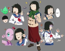 Rule 34 | 1boy, 2girls, absurdres, acorn, afterimage, alien (mob psycho 100), aqua eyes, backpack, bag, bald, black eyes, black hair, black pantyhose, blue sailor collar, blush, blush stickers, boots, brown footwear, cardigan, clenched hands, closed mouth, collarbone, collared shirt, colored skin, cropped torso, ekubo (mob psycho 100), flat chest, flower, flowers-imh, flying sweatdrops, full body, fur-trimmed footwear, fur trim, green scarf, grey background, hand up, hands up, happy, heart, highres, kageyama shigeo, korean text, kurata tome, leaning, lightning bolt symbol, long skirt, long sleeves, looking at viewer, looking to the side, matching hair/eyes, mob psycho 100, motion lines, multiple girls, multiple views, \\n/, neckerchief, nervous, one eye closed, open mouth, pantyhose, pink flower, pink skin, plaid, plaid scarf, pocket, pointing, profile, purple lips, purple shirt, raised eyebrow, red flower, red neckerchief, red skirt, ribbed sweater, sailor collar, scarf, school uniform, serafuku, shirt, short hair, sidelocks, simple background, skirt, sleeveless, sleeveless shirt, smile, speech bubble, standing, sweat, sweater, talking, teeth, translation request, turn pale, turtleneck, turtleneck sweater, ufo, upper body, v over eye, waving, white shirt, white sweater, wide-eyed, wink, winter clothes, yellow flower