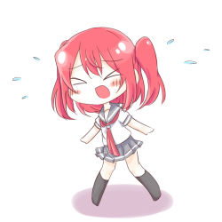 Rule 34 | &gt; &lt;, 10s, 1girl, blush, chibi, closed eyes, flying sweatdrops, highres, hiragana nimoji, kurosawa ruby, love live!, love live! sunshine!!, open mouth, red hair, school uniform, shadow, short twintails, simple background, solo, standing, twintails, uranohoshi school uniform, white background