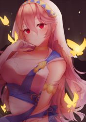 Rule 34 | 1girl, aftergardens, black background, bug, butterfly, choker, closed mouth, corrin (female) (fire emblem), corrin (fire emblem), elbow gloves, fire emblem, fire emblem fates, fire emblem heroes, gloves, insect, long hair, nintendo, pointy ears, red eyes, simple background, solo, veil, white gloves, white hair