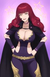 Rule 34 | 1girl, :d, absurdres, belt, black cape, breasts, cape, cleavage, commentary, covered navel, cowboy shot, facial mark, fire emblem, fire emblem engage, hands on own hips, highres, large breasts, long hair, looking at viewer, nintendo, open mouth, orange eyes, purple background, red hair, short sleeves, shou illust, smile, solo, standing, star (symbol), thighs, yellow belt, yunaka (fire emblem)