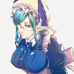 Rule 34 | 1girl, blue dress, bow, breasts, collared dress, dragon girl, dragon horns, dress, frills, glasses, hat, horns, large breasts, looking at viewer, maid, melusine (housamo), mob cap, pointy ears, red eyes, short hair, simple background, solo, tokyo houkago summoners, zaoanjisi