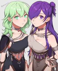 Rule 34 | 2girls, absurdres, alternate costume, armlet, armor, black dress, bracelet, breast press, breasts, byleth (female) (fire emblem), byleth (fire emblem), cleavage, closed mouth, collar, commentary request, dancer (fire emblem: three houses), dress, enlightened byleth (female), fire emblem, fire emblem: three houses, fire emblem warriors: three hopes, green eyes, green hair, grey background, grey dress, hair between eyes, hair bun, hair over one eye, hand on own hip, highres, jewelry, large breasts, long hair, looking at viewer, medium breasts, multiple girls, nintendo, official alternate costume, one eye covered, peach11 01, pelvic curtain, purple eyes, purple hair, shez (female) (fire emblem), shez (fire emblem), shoulder armor, simple background, single hair bun, sleeveless, sleeveless dress, strapless, strapless dress, twitter username, very long hair