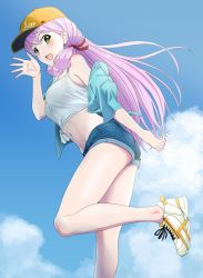 Rule 34 | 1girl, akashi (kancolle), alternate costume, black bra, blue shorts, blush, bra, bra strap, bra visible through clothes, breasts, foot out of frame, green eyes, groin, hair between eyes, hair ribbon, hat, highres, kantai collection, long hair, medium breasts, mikan 29344886, navel, open mouth, pink hair, red ribbon, ribbon, see-through, see-through shirt, shoes, short shorts, shorts, smile, sneakers, solo, tress ribbon, underwear