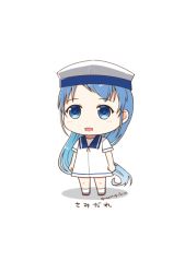 Rule 34 | 1girl, blue eyes, blue hair, blue sailor collar, chibi, commentary request, cosplay, dress, full body, gradient hair, hat, hiburi (kancolle), hiburi (kancolle) (cosplay), kantai collection, long hair, mae (maesanpicture), multicolored hair, sailor collar, sailor dress, sailor hat, samidare (kancolle), short sleeves, simple background, solo, standing, swept bangs, very long hair, white background, white dress, white hat