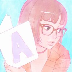 Rule 34 | 1girl, a (phrase), blue background, blunt bangs, brown-framed eyewear, brown eyes, closed mouth, glasses, holding, ilya kuvshinov, jewelry, letter, light smile, lips, necklace, orange hair, original, short hair, simple background, solo, sweater, upper body
