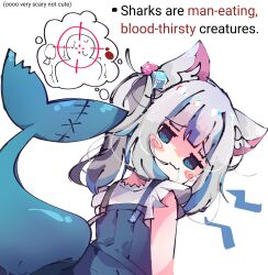 Rule 34 | 1girl, :3, animal ears, blue hair, blunt bangs, blush, cat ears, closed mouth, commentary, cowboy shot, dice hair ornament, drooling, english commentary, english text, fins, fish tail, frilled sleeves, frills, from behind, gawr gura, gawr gura (casual), grey hair, hair ornament, highres, hololive, hololive english, kemonomimi mode, koyoinacho, looking at viewer, looking back, medium hair, multicolored hair, official alternate costume, ringed eyes, shaded face, shark girl, shark tail, shirt, short sleeves, side ponytail, simple background, solo, streaked hair, suspenders, tail, thought bubble, virtual youtuber, white background, white shirt