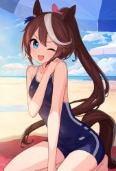 Rule 34 | 1girl, ;d, animal ears, bad link, bare arms, barefoot, beach, beach umbrella, blue eyes, blue one-piece swimsuit, breasts, brown hair, chorefuji, cloud, commentary request, day, hair ribbon, hand on own shoulder, hand up, highres, horse ears, horse tail, long hair, looking at viewer, multicolored hair, one-piece swimsuit, one eye closed, open mouth, outdoors, pink ribbon, ponytail, ribbon, sand, sky, smile, solo, streaked hair, swimsuit, tail, thighs, tokai teio (umamusume), towel, umamusume, umbrella