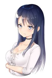 Rule 34 | 1girl, :t, arm across waist, black choker, blue eyes, blue hair, blush, breasts, choker, cleavage, closed mouth, collarbone, commission, cross-laced clothes, long hair, long sleeves, looking at viewer, medium breasts, pout, real life, shirt, simple background, sleeves rolled up, solo, sunako (veera), twitter username, upper body, v-shaped eyebrows, white background, white shirt