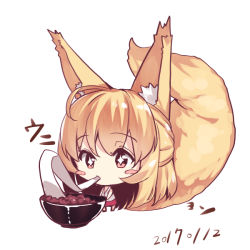 Rule 34 | + +, 1girl, animal ears, blonde hair, blush stickers, bowl, chibi, dated, eating, food, food in mouth, fox ears, fox girl, fox tail, hair between eyes, japanese clothes, kimono, long hair, mochi, mouth hold, original, pink eyes, purple skirt, short kimono, simple background, skirt, solo, tail, very long hair, wagashi, white background, white kimono, yuuji (yukimimi)