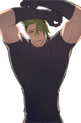 Rule 34 | 1boy, absurdres, achilles (fate), arms up, backlighting, black gloves, black pants, black shirt, brown eyes, fate/apocrypha, fate (series), gloves, green hair, haruakira, highres, leaning forward, looking at viewer, lower teeth only, male focus, mature male, muscular, muscular male, pants, parted lips, shirt, short hair, simple background, solo, teeth, undercut, white background