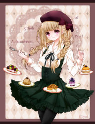 Rule 34 | 1girl, braid, cake, casual, food, fork, hair over shoulder, hat, highres, holding, koyoi (ruka), light brown hair, long hair, looking at viewer, low twintails, original, pantyhose, purple eyes, smile, solo, text focus, twin braids, twintails
