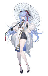 Rule 34 | 1girl, absurdres, ahoge, alternate costume, blue hair, breasts, commentary request, echj, full body, ganyu (genshin impact), genshin impact, gloves, hair between eyes, highres, holding, holding umbrella, horns, long hair, looking at viewer, medium breasts, parted lips, simple background, skirt, solo, teeth, umbrella, white background