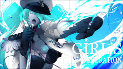 Rule 34 | 1girl, absurdres, aqua hair, bad id, bad pixiv id, breasts, closed eyes, female focus, gloves, gradient background, hair over one eye, hat, hatsune miku, highres, open mouth, peaked cap, solo, sword, twintails, vocaloid, weapon, white background