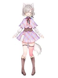 Rule 34 | 1girl, ^ ^, animal ears, arikita rifa, boots, capelet, closed eyes, dog ears, dog girl, dog tail, full body, grey hair, guild cq, hat, highres, long sleeves, plaid, plaid capelet, plaid skirt, rucaco, second-party source, shirt, simple background, skirt, solo, tail, vest, virtual youtuber, white shirt