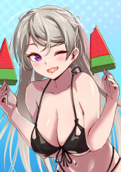 Rule 34 | 1girl, ;d, absurdres, alternate costume, asava (hutaitenn), bikini, black bikini, breasts, cleavage, conte di cavour (kancolle), food, grey hair, highres, holding, holding food, kantai collection, large breasts, long hair, looking at viewer, navel, one eye closed, open mouth, popsicle, purple eyes, smile, solo, swept bangs, swimsuit, two side up, upper body, watermelon bar