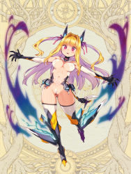 Rule 34 | 1girl, blonde hair, boots, breasts, cleft of venus, covered erect nipples, dairoku ryouhei, earrings, elbow gloves, floating hair, full body, gloves, hair intakes, hair ribbon, heart, heart earrings, jewelry, large breasts, long hair, maebari, navel, official art, outstretched arms, red eyes, ribbon, ryoji (nomura ryouji), solo, spread arms, thigh boots, thighhighs, two side up