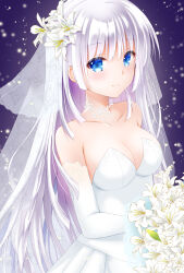 Rule 34 | 1girl, 2021, bare shoulders, blue eyes, blunt ends, blush, bouquet, breasts, bridal gauntlets, bridal veil, chibinon, cleavage, closed mouth, collarbone, commentary request, cowboy shot, dated commentary, dress, eyelashes, eyes visible through hair, flower, from side, gloves, hair between eyes, hair flower, hair ornament, highres, holding, holding bouquet, large breasts, light particles, long hair, looking at viewer, naruse shiroha, purple background, sidelocks, simple background, smile, solo, standing, strapless, strapless dress, summer pockets, veil, very long hair, wedding dress, white dress, white flower, white gloves, white hair, white lily