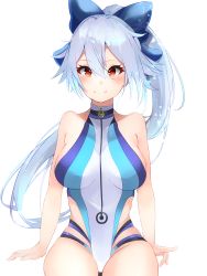 Rule 34 | 1girl, absurdres, bad id, bad pixiv id, blue bow, blue one-piece swimsuit, blush, bow, breasts, closed mouth, competition swimsuit, fate/grand order, fate (series), hair between eyes, hair bow, highleg, highleg swimsuit, highres, large breasts, long hair, looking at viewer, megu (pixiv9460065), one-piece swimsuit, ponytail, red eyes, silver hair, sitting, smile, swimsuit, thighs, tomoe gozen (fate), tomoe gozen (swimsuit saber) (fate), tomoe gozen (swimsuit saber) (first ascension) (fate), two-tone swimsuit, white background, white one-piece swimsuit