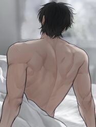 Rule 34 | 1boy, black hair, blurry, comforter, depth of field, from behind, hands on bed, head tilt, highres, leaning back, looking ahead, male focus, messy hair, morning, on bed, original, short hair, sitting, solo, toned, toned male, topless male, upper body, zco111