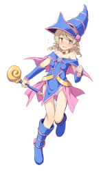 Rule 34 | 1girl, bare shoulders, blue dress, blue footwear, blue hat, blush, boots, brown eyes, brown hair, cosplay, dark magician girl, dark magician girl (cosplay), dress, duel monster, flying sweatdrops, full body, hair between eyes, hair flaps, hand up, hat, holding, holding staff, idolmaster, idolmaster cinderella girls, knee boots, long hair, long sleeves, looking at viewer, morikubo nono, off-shoulder dress, off shoulder, parted lips, revision, ringlets, simple background, solo, staff, sweat, uccow, white background, yu-gi-oh!, yu-gi-oh! duel monsters