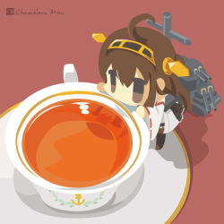 Rule 34 | 10s, 1girl, ahoge, anchor, artist name, bad id, bad pixiv id, brown eyes, brown hair, chameleon man (three), chibi, cup, flat color, from above, hairband, kantai collection, kongou (kancolle), long hair, mini person, minigirl, no lineart, reflection, solo, tea, teacup