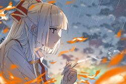 Rule 34 | 1girl, :/, artist name, blunt bangs, bow, chinese commentary, cigarette, closed mouth, cloud, commentary request, fire, from side, fujiwara no mokou, haihaihaiovo, hair bow, holding, holding cigarette, light blush, long hair, necktie, outdoors, ponytail, profile, rain, red bow, red eyes, shirt, smoke, smoking, solo, touhou, two-tone bow, upper body, water drop, white bow, white hair, white shirt, yellow necktie