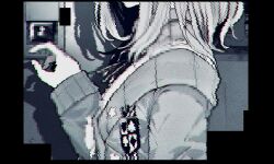 Rule 34 | 1girl, blurry, bow, cardigan, censored, chromatic aberration, collared shirt, doorbell, facing to the side, from side, glitch, greyscale, hand up, hatyuuruinohito, head out of frame, highres, horror (theme), long sleeves, medium hair, monochrome, mosaic censoring, nijisanji, pillarboxed, reaching, shadow, shirt, sleeves past wrists, solo, standing, suzuhara lulu, upper body, virtual youtuber, wall, wing collar