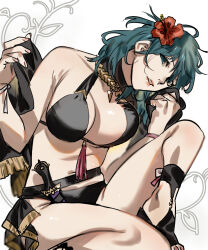 Rule 34 | 1girl, bare shoulders, bikini, black bikini, black footwear, breasts, byleth (female) (fire emblem), byleth (fire emblem), cleavage, feet out of frame, fire emblem, fire emblem: three houses, fire emblem heroes, flower, gold necklace, green eyes, green hair, hair flower, hair ornament, hibiscus, highres, jewelry, large breasts, looking at viewer, medium hair, messy hair, midriff, mikuroron, necklace, nintendo, official alternate costume, parted lips, red flower, sitting, solo, swimsuit, tassel, white background