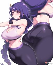 Rule 34 | 1girl, artist name, ass, bare shoulders, black pants, blush, braid, breasts, cleavage, cleavage cutout, clothing cutout, fuya (tempupupu), genshin impact, hair ornament, large breasts, long hair, looking at viewer, multiple views, navel, pants, parted lips, purple eyes, purple hair, raiden shogun, sideboob, simple background, single braid, skindentation, sports bra, stomach, stretching, sweat, sweatband, tight clothes, tight pants, very long hair, watermark, web address, white background, wide hips, yoga pants