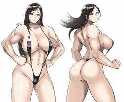 Rule 34 | 1girl, alternate costume, alternate muscle size, ass, back, bikini, black one-piece swimsuit, black slingshot swimsuit, breasts, eyebrows hidden by hair, final fantasy, final fantasy vii, from side, large breasts, long hair, multiple views, muscular, muscular female, one-piece swimsuit, parted bangs, shibusun, simple background, slingshot swimsuit, smile, square enix, stomach, swimsuit, thighs, tifa lockhart, very long hair, white background