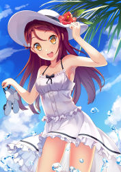 Rule 34 | 10s, 1girl, :d, blush, breasts, cleavage, cloud, cowboy shot, dance of eternity, day, dress, flower, hair ornament, hand on headwear, hat, hat flower, highres, holding, holding shoes, long hair, love live!, love live! school idol festival, love live! sunshine!!, medium breasts, open mouth, palm tree, panties, pantyshot, red hair, sakurauchi riko, sandals, shoes, sky, smile, solo, standing, sun hat, sundress, tree, underwear, unworn sandals, water, water drop, white hat, yellow eyes