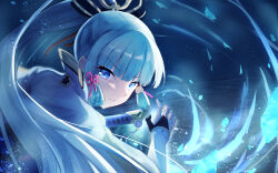 Rule 34 | 1girl, absurdres, ayaka (genshin impact), blue eyes, blue hair, blunt bangs, closed mouth, commentary request, drawing sword, genshin impact, ginlear, hair ribbon, highres, holding, holding sword, holding weapon, light blue hair, looking at viewer, ponytail, red ribbon, ribbon, serious, solo, sword, tress ribbon, upper body, weapon