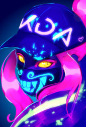 Rule 34 | 1girl, akali, baseball cap, close-up, colored sclera, commentary, english commentary, eyeshadow, flandraws, hat, highres, inverted colors, k/da (league of legends), k/da akali, league of legends, looking at viewer, makeup, mask, mouth mask, neon, pink hair, solo, yellow eyes, yellow sclera