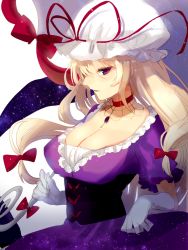 Rule 34 | 1girl, blonde hair, breasts, brooch, cleavage, corset, dress, elbow gloves, from side, gap (touhou), gloves, hat, highres, jewelry, large breasts, long hair, looking at viewer, mob cap, parted lips, purple dress, purple eyes, solo, touhou, umbrella, white gloves, yakumo yukari, yusano