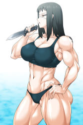 Rule 34 | 1girl, abs, bare shoulders, black hair, black panties, breasts, cleavage, cowboy shot, eyepatch, hand on own hip, highres, jormungand (manga), knife, large breasts, long hair, mimizu (tokagex), muscular, muscular female, navel, open mouth, panties, reverse grip, shiny skin, short hair, shoulder tattoo, sofia valmer, solo, standing, tank top, tattoo, underwear, weapon, yellow eyes