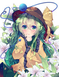 Rule 34 | 1girl, blouse, blush, bow, brown hat, collar, eyes visible through hair, fant, floral background, flower, frills, green collar, green eyes, green hair, green skirt, hair between eyes, hands up, hat, hat bow, highres, komeiji koishi, leaf, long hair, long sleeves, looking at viewer, open mouth, shirt, skirt, sleeves past wrists, solo, touhou, white flower, yellow bow, yellow shirt, yellow sleeves